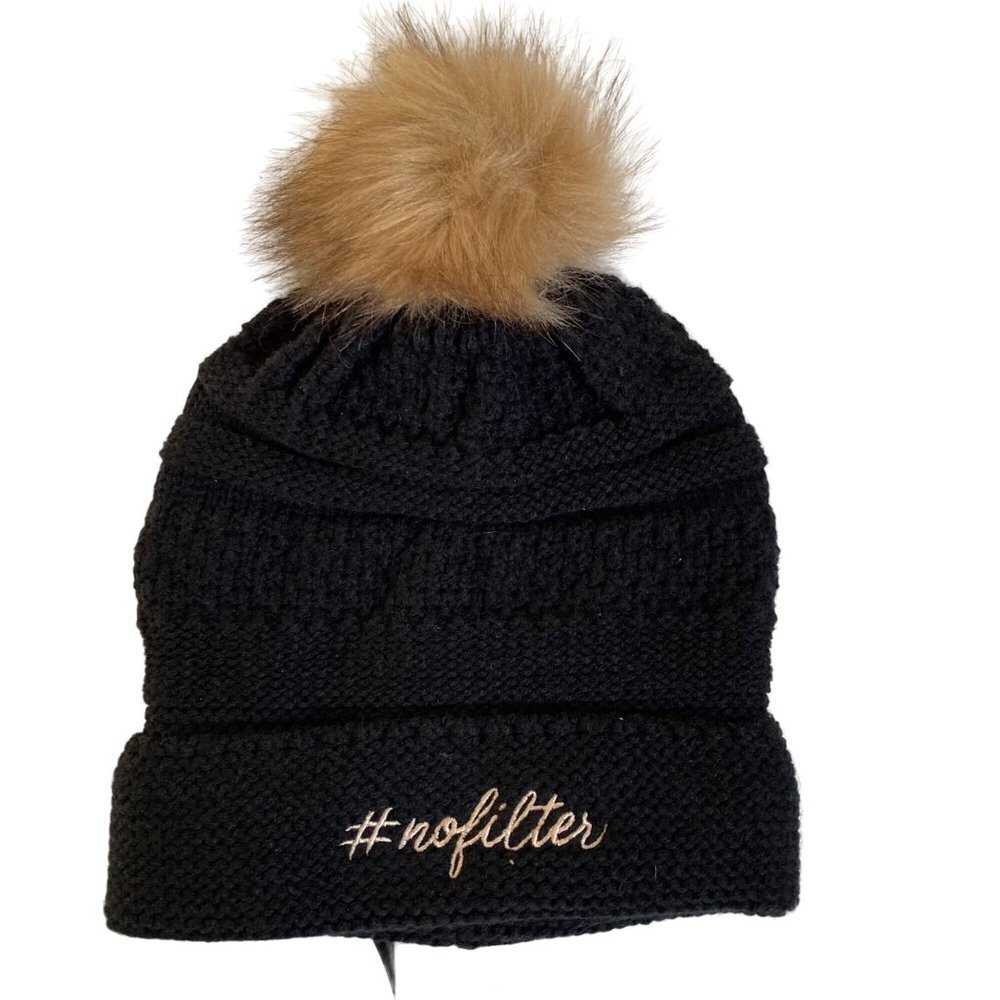 No Filter Hat Black Knit Beanie Faux Fur Pom Pom Fleece Lined New With Tag